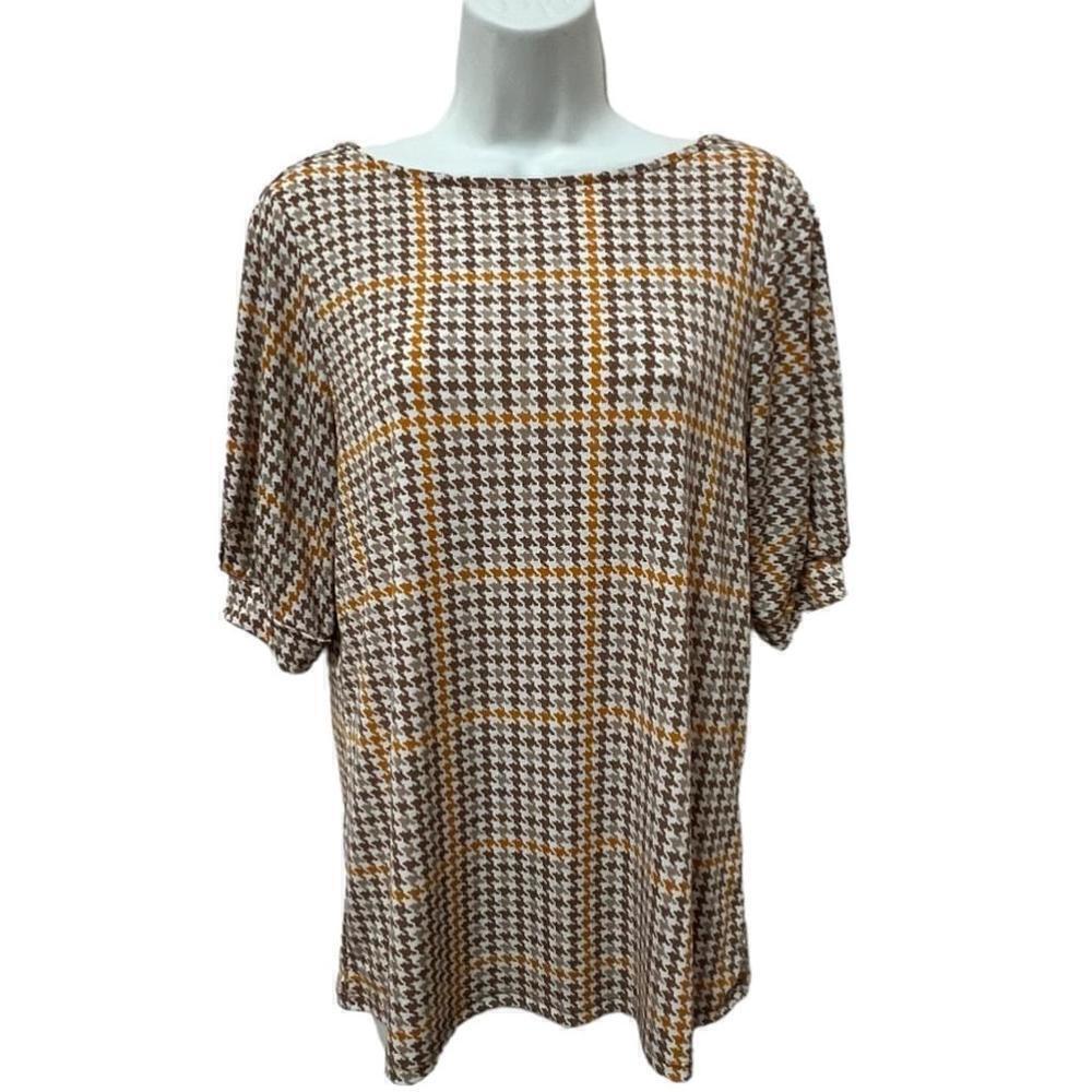 MISIA Women’s Houndstooth Print Short Sleeve Boatneck Stretch Blouse, Sz Med